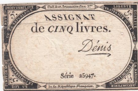 France 5 Livres 10 Brumaire An II (31-10-1793) - Sign. Denis