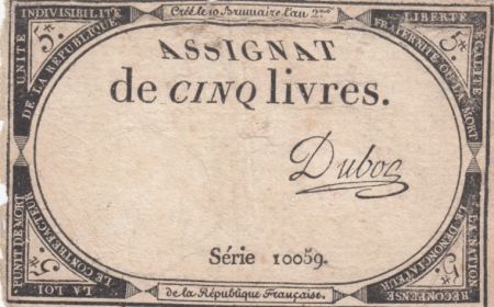 France 5 Livres 10 Brumaire An II (31-10-1793) - Sign. Duboc