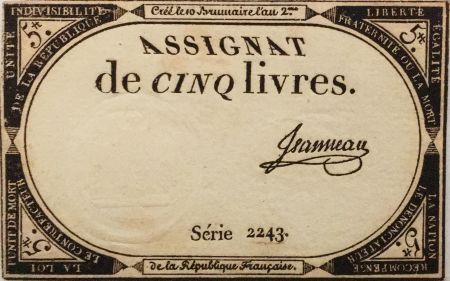 France 5 Livres 10 Brumaire An II (31-10-1793) - Sign. Jeanneau Série 2243 - SUP