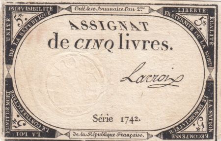 France 5 Livres 10 Brumaire An II (31-10-1793) - Sign. Lacroix Série 1742