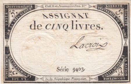 France 5 Livres 10 Brumaire An II (31-10-1793) - Sign. Lacroix Série 9403