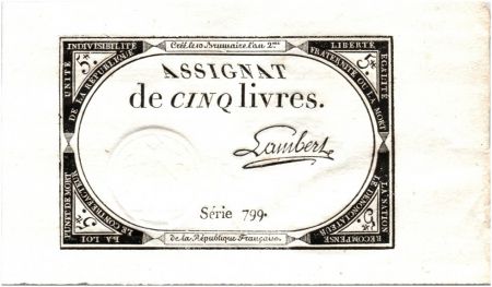 France 5 Livres 10 Brumaire An II (31-10-1793) - Sign. Lambert