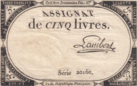 France 5 Livres 10 Brumaire An II (31-10-1793) - Sign. Lambert