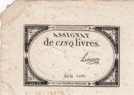France 5 Livres 10 Brumaire An II (31-10-1793) - Sign. Lenoir