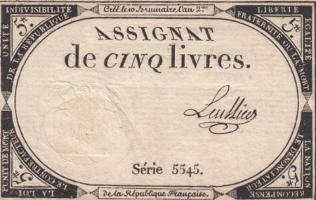 France 5 Livres 10 Brumaire An II (31-10-1793) - Sign. Lullier