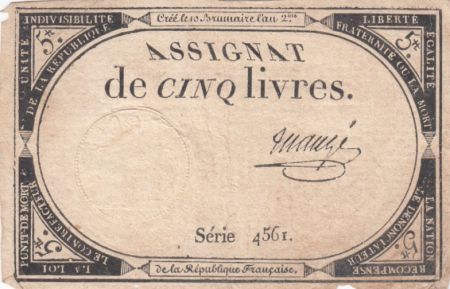 France 5 Livres 10 Brumaire An II (31-10-1793) - Sign. Maugé