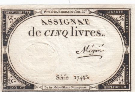France 5 Livres 10 Brumaire An II (31-10-1793) - Sign. Mégnié