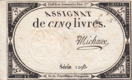 France 5 Livres 10 Brumaire An II (31-10-1793) - Sign. Michaux
