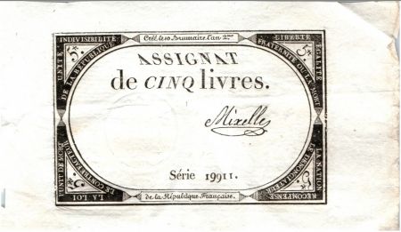 France 5 Livres 10 Brumaire An II (31-10-1793) - Sign. Mixelle