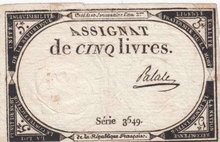 France 5 Livres 10 Brumaire An II (31-10-1793) - Sign. Palale