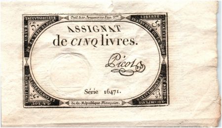 France 5 Livres 10 Brumaire An II (31-10-1793) - Sign. Picot