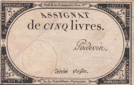 France 5 Livres 10 Brumaire An II (31-10-1793) - Sign. Poidevin