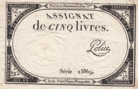 France 5 Livres 10 Brumaire An II (31-10-1793) - Sign. Police