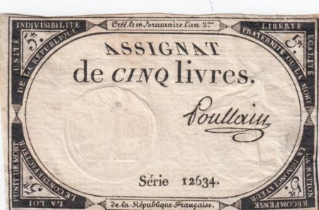 France 5 Livres 10 Brumaire An II (31-10-1793) - Sign. Poullain Série 12634