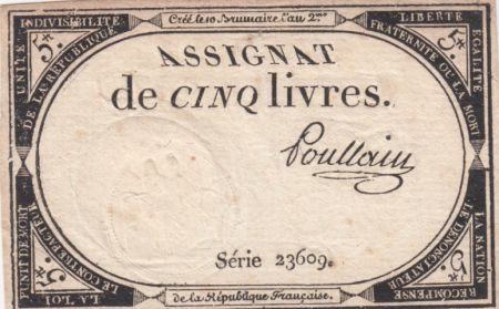 France 5 Livres 10 Brumaire An II (31-10-1793) - Sign. Poullain Série 23609