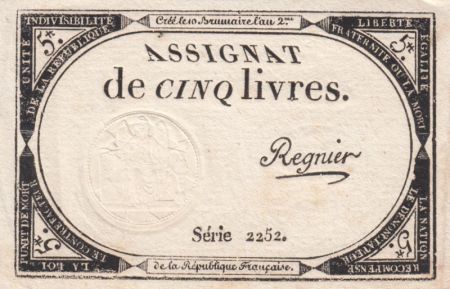 France 5 Livres 10 Brumaire An II (31-10-1793) - Sign. Regnier