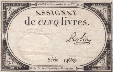 France 5 Livres 10 Brumaire An II (31-10-1793) - Sign. Rolin - Série 14663