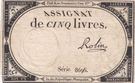 France 5 Livres 10 Brumaire An II (31-10-1793) - Sign. Rolin - Série 8696