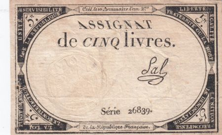 France 5 Livres 10 Brumaire An II (31-10-1793) - Sign. Sal