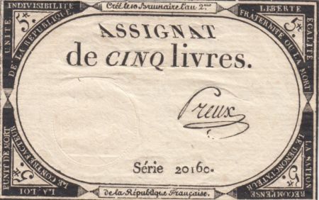 France 5 Livres 10 Brumaire An II (31-10-1793) - Sign.Preux