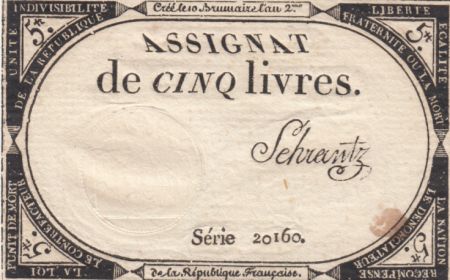 France 5 Livres 10 Brumaire An II (31-10-1793) - Sign.Schrantz