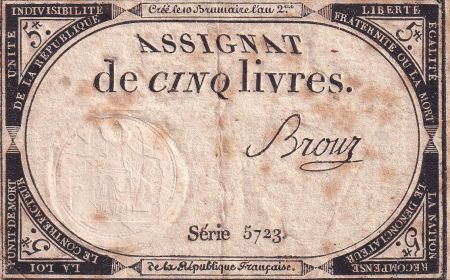 France 5 Livres 10 Brumaire An II (31.10.1793)  - TB+ - Sign Brouz