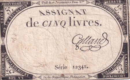 France 5 Livres 10 Brumaire An II (31.10.1793)  - TB - Sign Galland