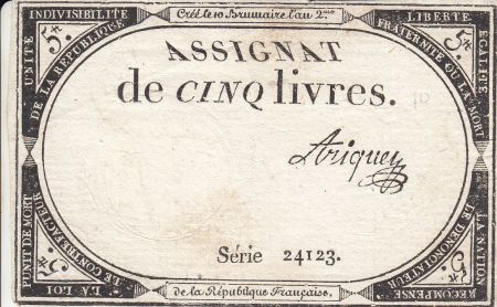 France 5 Livres 10 Brumaire An II (31.10.1793) - Sign. Ariquey