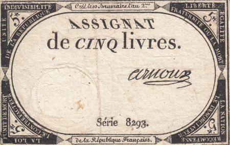 France 5 Livres 10 Brumaire An II (31.10.1793) - Sign. Arnoux