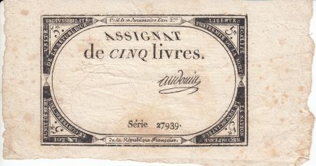 France 5 Livres 10 Brumaire An II (31.10.1793) - Sign. Audouin