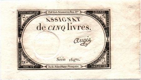 France 5 Livres 10 Brumaire An II (31.10.1793) - Sign. Augée