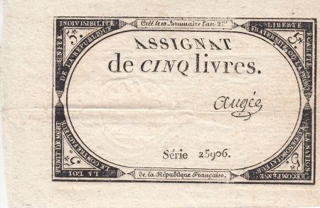 France 5 Livres 10 Brumaire An II (31.10.1793) - Sign. Augee