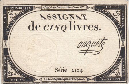 France 5 Livres 10 Brumaire An II (31.10.1793) - Sign. Auguste