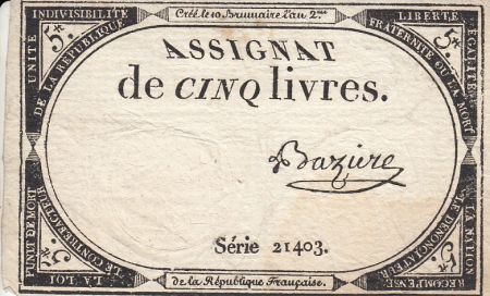 France 5 Livres 10 Brumaire An II (31.10.1793) - Sign. Baziere
