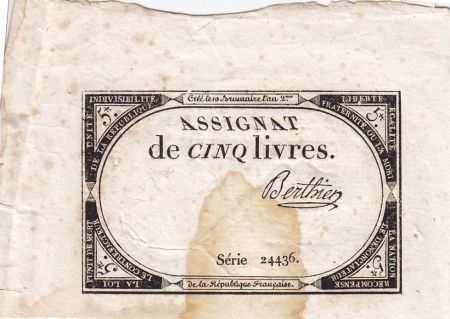 France 5 Livres 10 Brumaire An II (31.10.1793) - Sign. Berthier