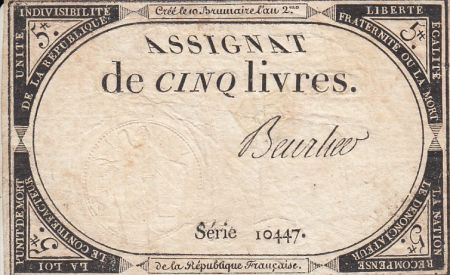 France 5 Livres 10 Brumaire An II (31.10.1793) - Sign. Beurlier