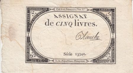 France 5 Livres 10 Brumaire An II (31.10.1793) - Sign. Blanche