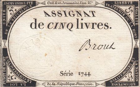 France 5 Livres 10 Brumaire An II (31.10.1793) - Sign. Brout