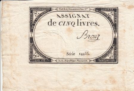 France 5 Livres 10 Brumaire An II (31.10.1793) - Sign. Brouz