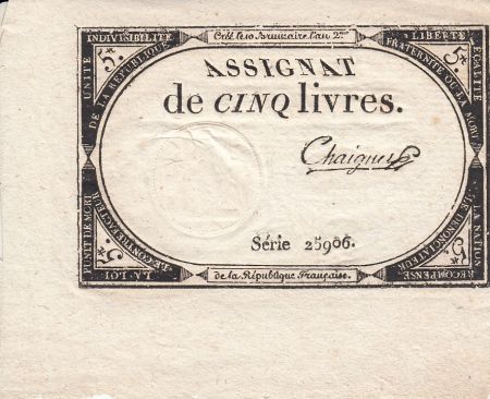 France 5 Livres 10 Brumaire An II (31.10.1793) - Sign. Chaignet