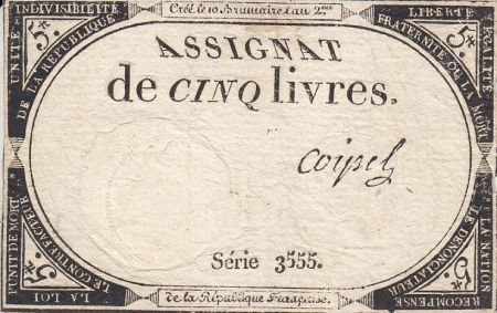 France 5 Livres 10 Brumaire An II (31.10.1793) - Sign. Coipel