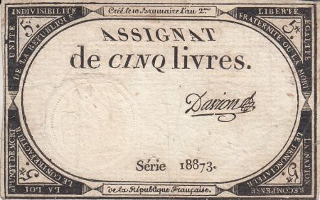 France 5 Livres 10 Brumaire An II (31.10.1793) - Sign. Davion