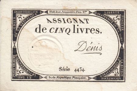 France 5 Livres 10 Brumaire An II (31.10.1793) - Sign. Denis