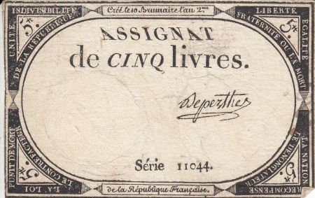 France 5 Livres 10 Brumaire An II (31.10.1793) - Sign. Deperthe