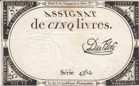 France 5 Livres 10 Brumaire An II (31.10.1793) - Sign. Du Flog