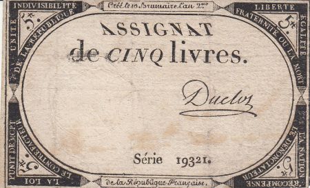 France 5 Livres 10 Brumaire An II (31.10.1793) - Sign. Ducloz