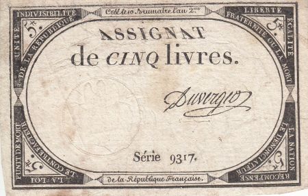 France 5 Livres 10 Brumaire An II (31.10.1793) - Sign. Duverger