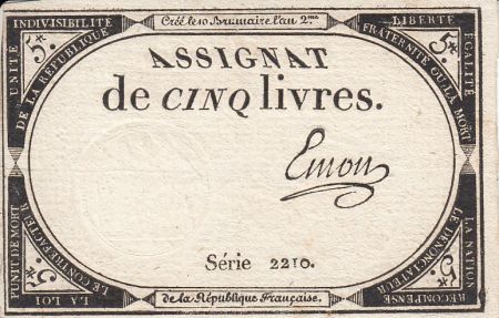 France 5 Livres 10 Brumaire An II (31.10.1793) - Sign. Emon