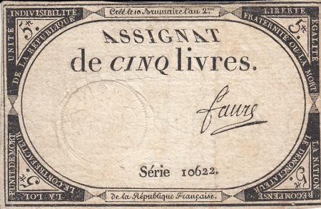 France 5 Livres 10 Brumaire An II (31.10.1793) - Sign. Faure