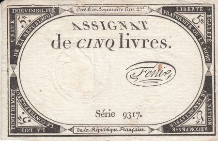France 5 Livres 10 Brumaire An II (31.10.1793) - Sign. Fenix